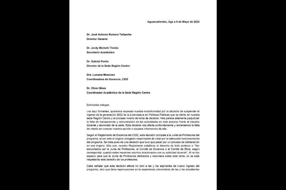 Académicos acusaron la suspensión del ingreso a la licenciatura en Políticas Públicas del CIDE sede Región Centro, en Aguascalientes.