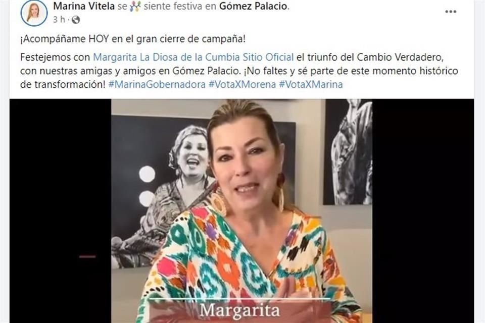 Margarita, 'La Diosa de la Cumbia', amenizará uno de los actos de cierre de campaña que tendrá la abanderada de Morena a la Gubernatura de Durango.