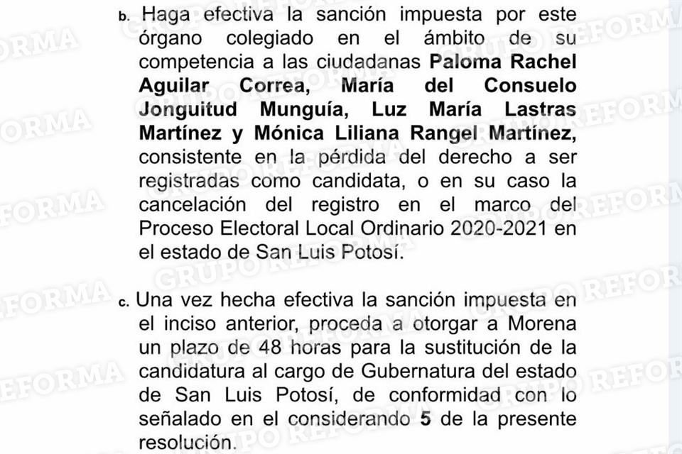 INE plantea quitar el registro a candidata de Morena a Gubernatura de SLP, Mónica Rangel, por no entregar informe de gastos de precampaña.