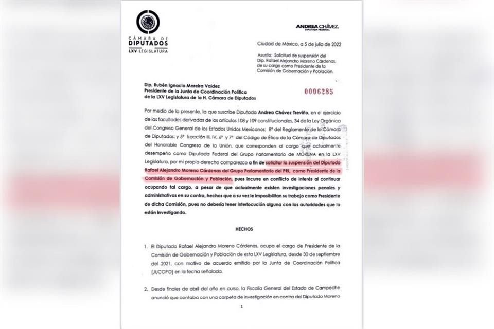 Documento presentado por Andrea Chávez para que se suspenda al dirigente del PRI, Alejandro Moreno Cárdenas, de su cargo como presidente de la Comisión de Gobernación y Población.