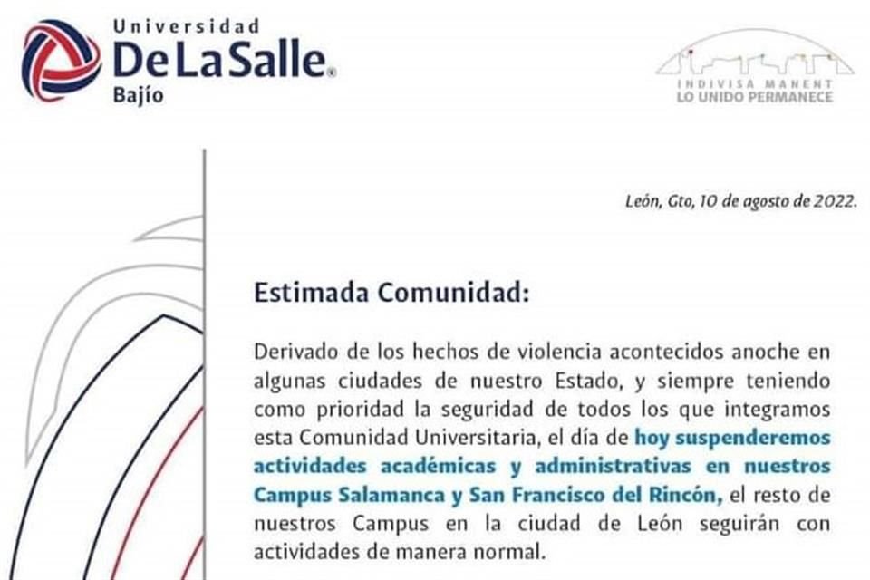 De la Salle Bajío informó la suspensión de clases en dos planteles de la entidad.
