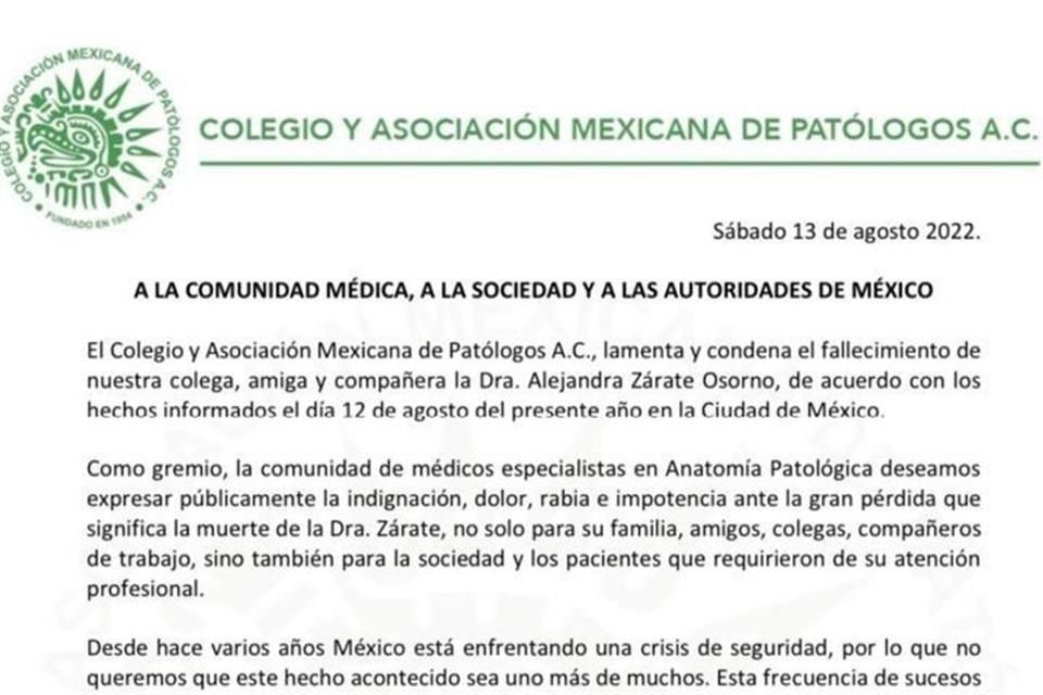 Tras asesinato de Alejandra Zárate, Colegio y Asociación Mexicana de Patólogos exigieron al Gobierno condiciones de seguridad para médicos.