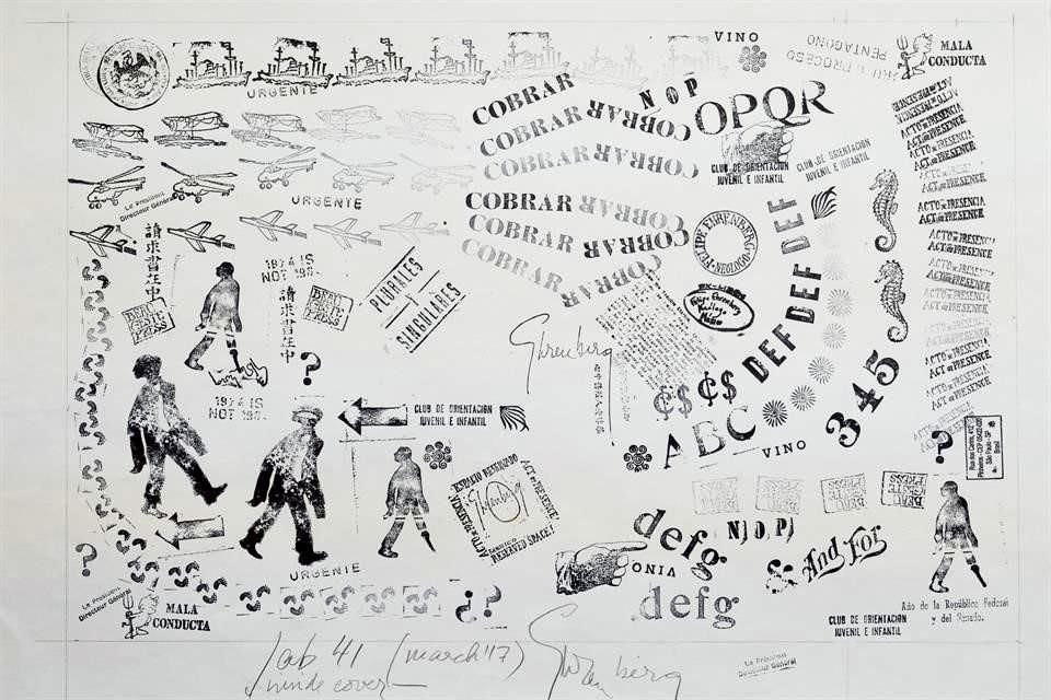 Obra a partir de la colección de sellos del artista, con algunas imágenes icónicas de su trabajo, como el 'hombre que camina'. En esta pieza aparece su famosa insignia: 'Felipe Ehrenberg. Neólogo'.