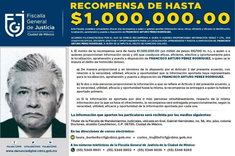 La FGJ ofreció un millón de pesos a quien aportara información sobre Francisco Arturo Pérez Rodríguez.