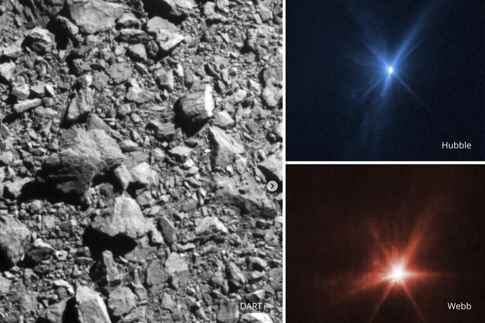 Tres ángulos diferentes del impacto: A la izquierda, una imagen tomada por la cámara de la DART; arriba a la derecha, una del telescopio Hubble, y abajo, una tomada por del James Webb.