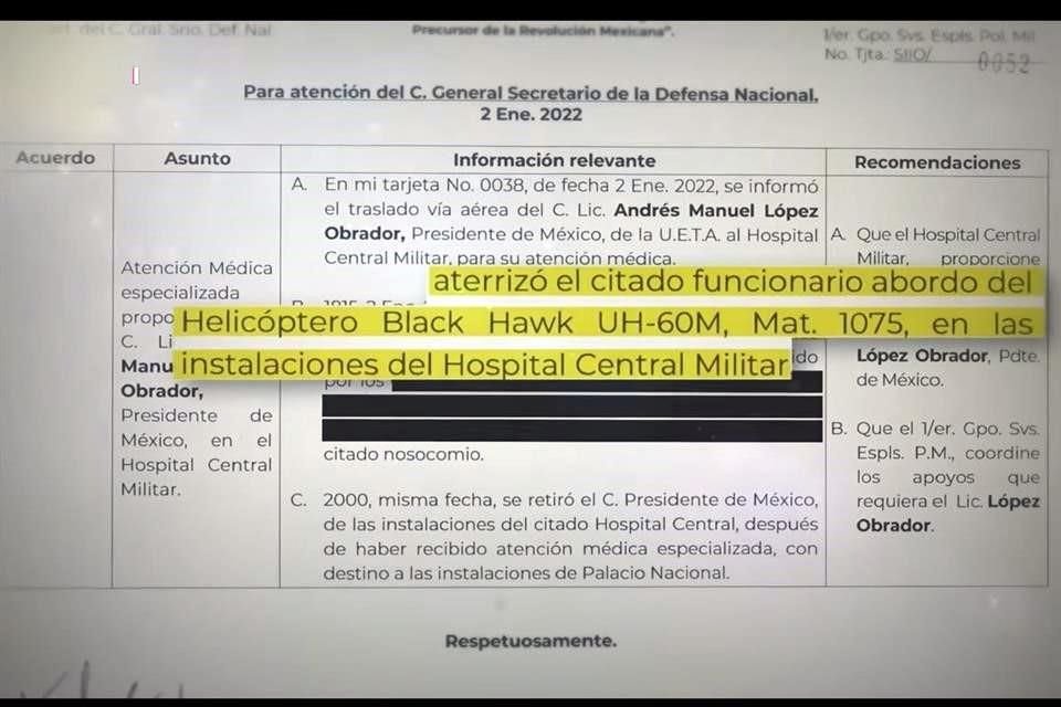 Uno de los documentos, fechado el 2 de enero de 2022, registra el traslado de emergencia al Hospital Central Militar.