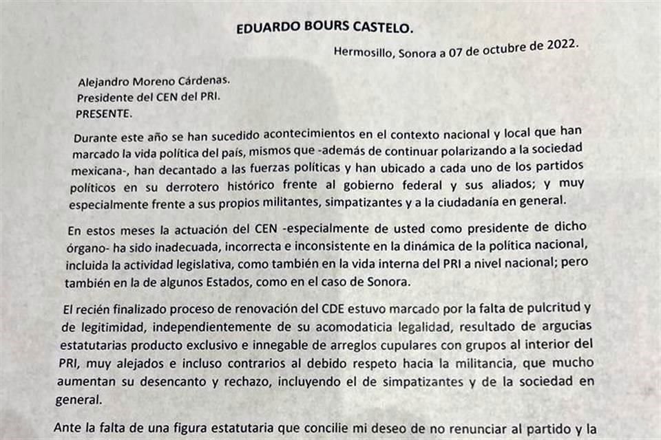 La carta de pausa de Eduardo Bours está fechada el 7 de octubre de 2022.