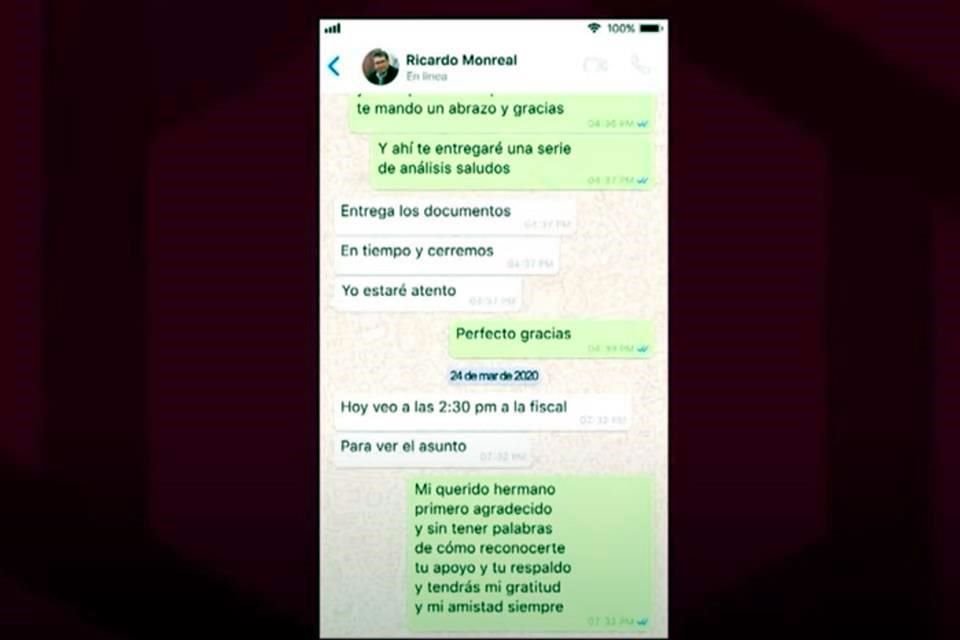 La Gobernadora Layda Sansores mostró la recreación de conversaciones de Whats App presuntamente entre el senador Ricardo Monreal y el priista Alejandro Moreno.