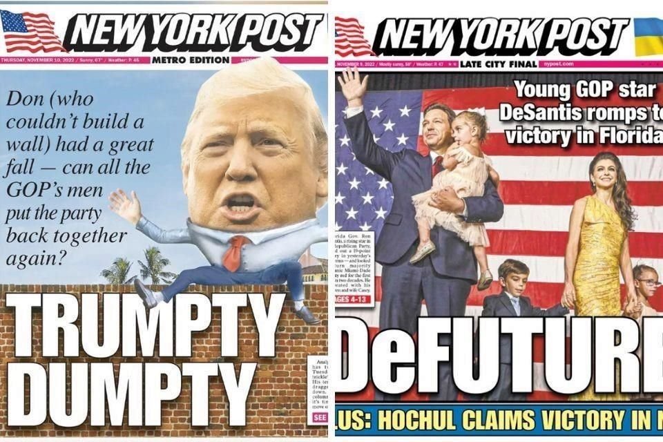 El tabloide conservador NY Post dedicó su portada de ayer al triunfo de Ron DeSantis en Florida, mientras que la de hoy es una crítica a Trump.