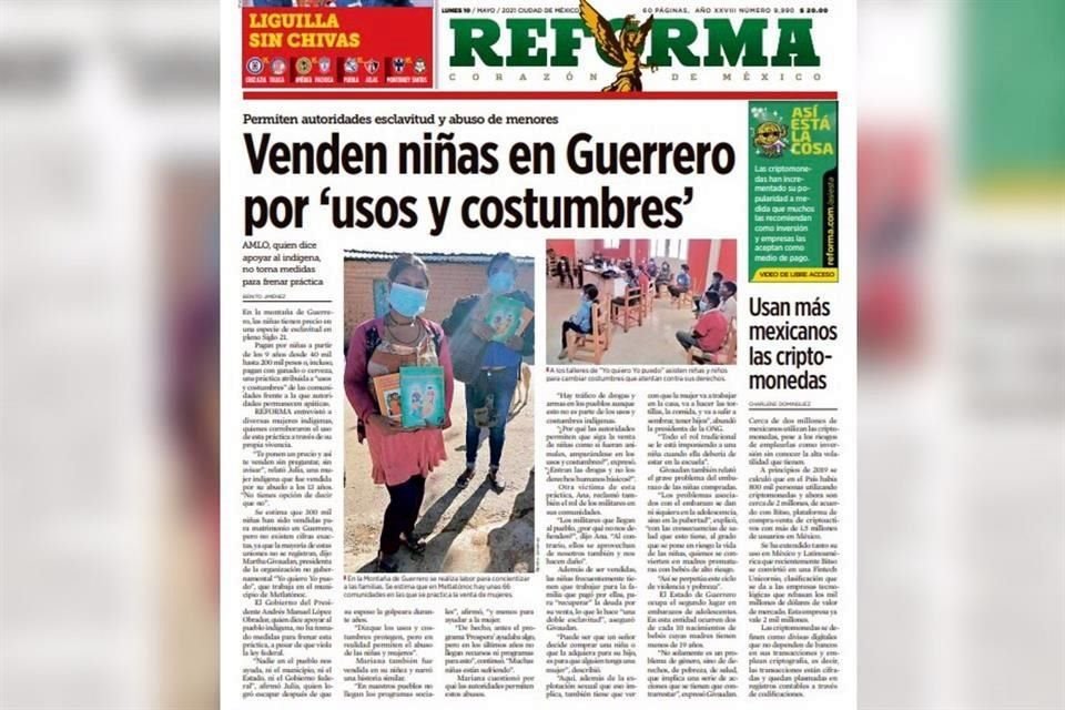 REFORMA  publicó el 10 de mayo que en Guerrero venden a niñas hasta por ganado.