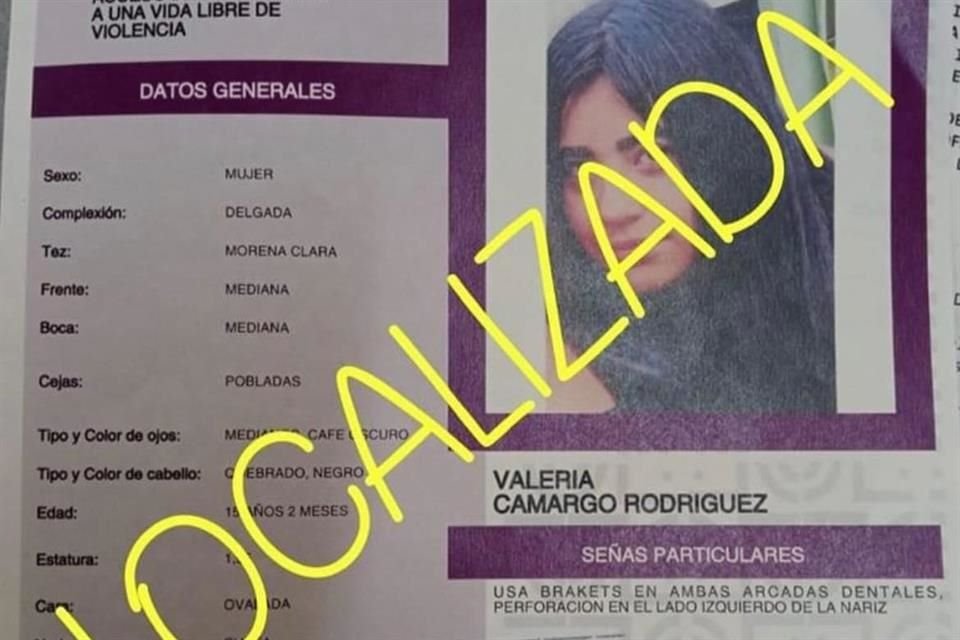 Valeria Camargo, de 15 años, reportada como desaparecida desde el 28 de noviembre, en la Alcaldía Álvaro Obregón, fue localizada sana y salva, en el Estado de Morelos.