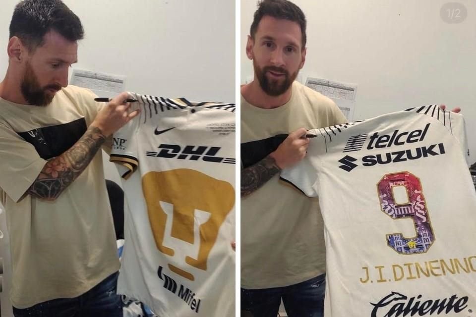 Lionel Messi admiró la camiseta de los Pumas, regalo de Ignacio Dinenno.