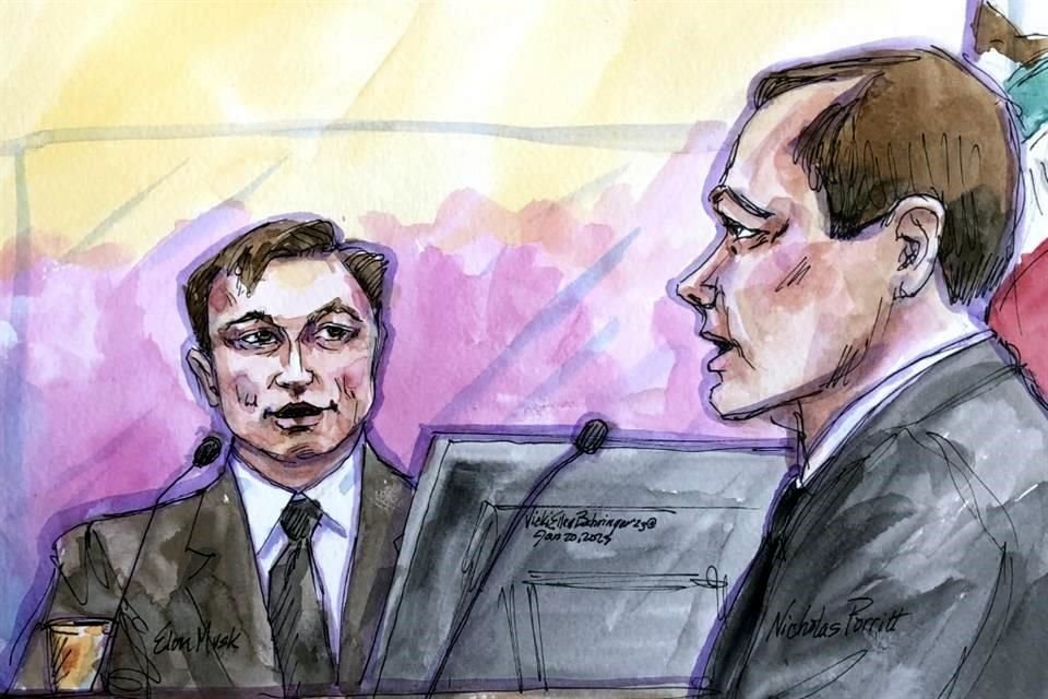 En este boceto de la sala del tribunal, Elon Musk, a la izquierda, con el abogado de los accionistas de Tesla, Nicholas Porritt.