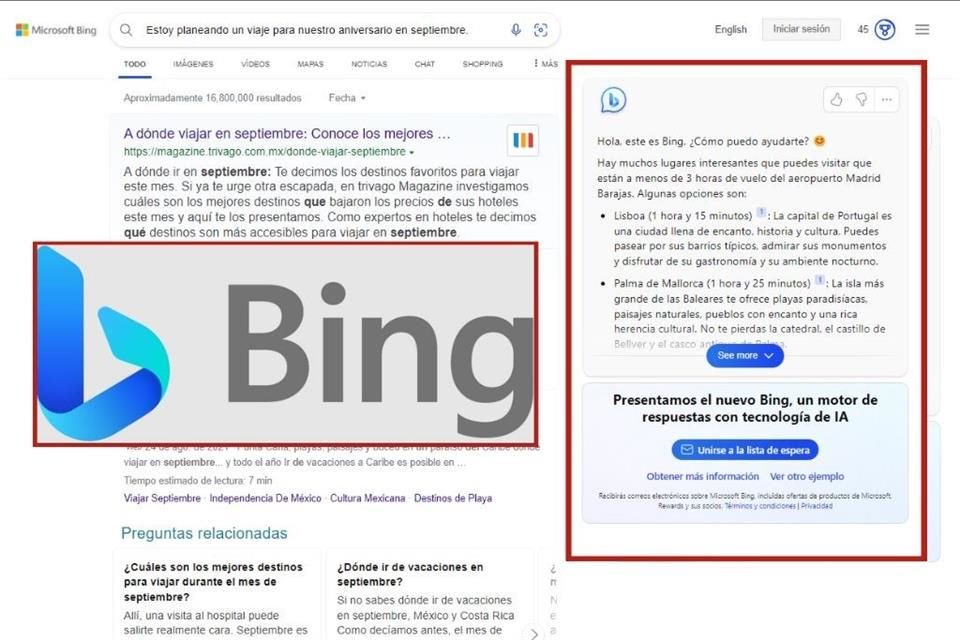 Bing, el motor de búsqueda de Microsoft, contará con la tecnología de inteligencia artificial detrás del chatbot ChatGPT.