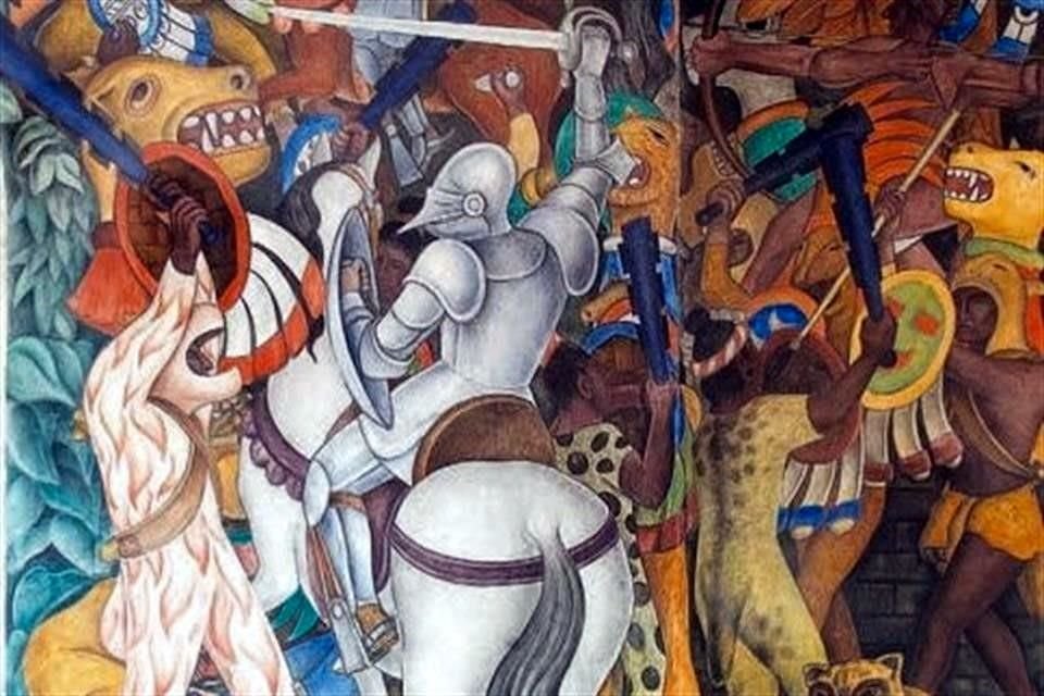 Detalle de 'La Conquista', mural de Diego Rivera ubicado en el Palacio de Cortés, en Cuernavaca Morelos. Otra de las obras presentes en la exposición que conmemora cinco siglos de la caída del imperio mexica.