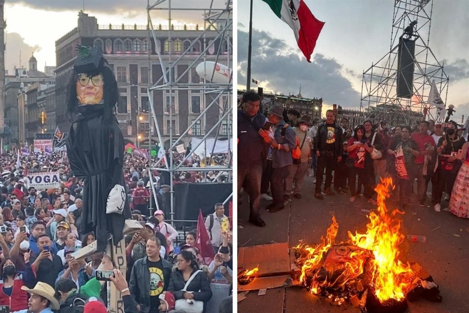 Simpatizantes de AMLO prendieron fuego a figura de cartón que asemejaba a la Ministra Norma Piña, durante concentración en el Zócalo.
