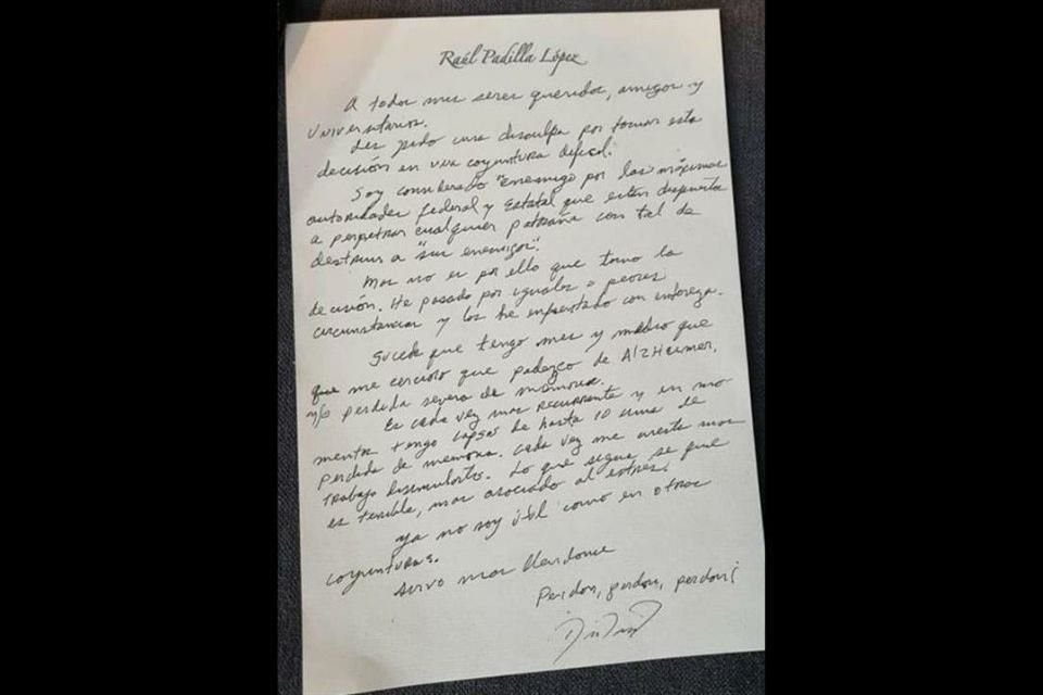 Supuesta carta póstuma de Raúl Padilla.