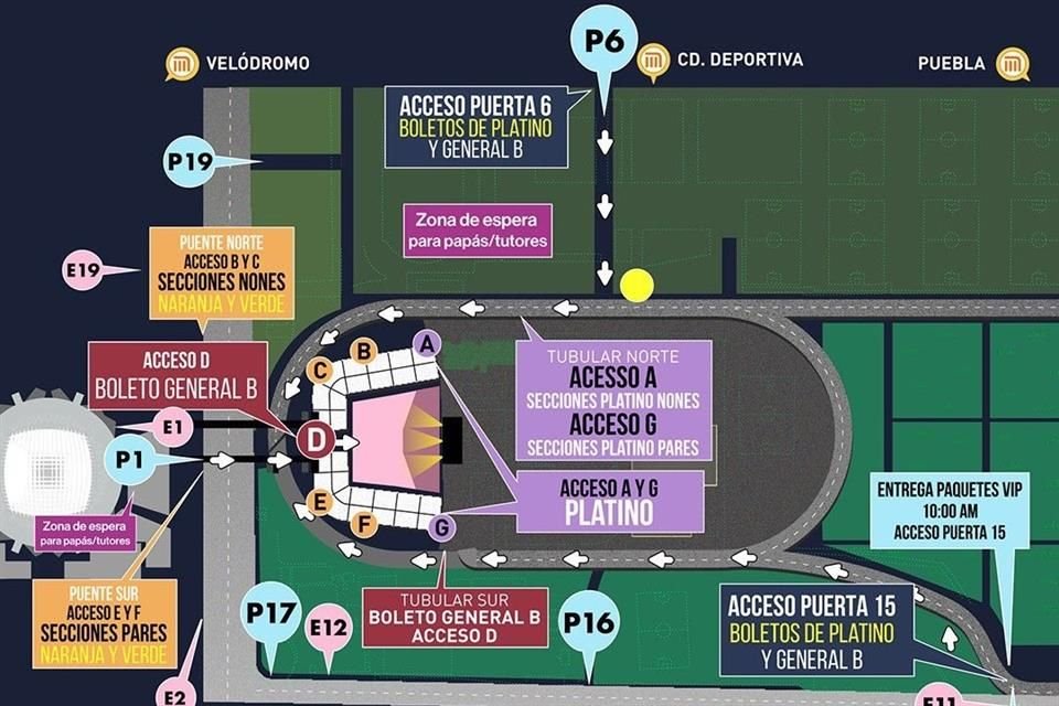Habrá tres entradas principales para el ingreso al recinto: Puerta 1, sobre Avenida Churubusco; Puerta 6 sobre Avenida Viaducto; y Puerta 15, sobre Eje 3 Sur Añil.
