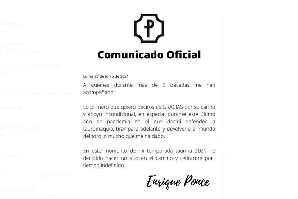 Este es el comunicado que publicó Enrique Ponce.
