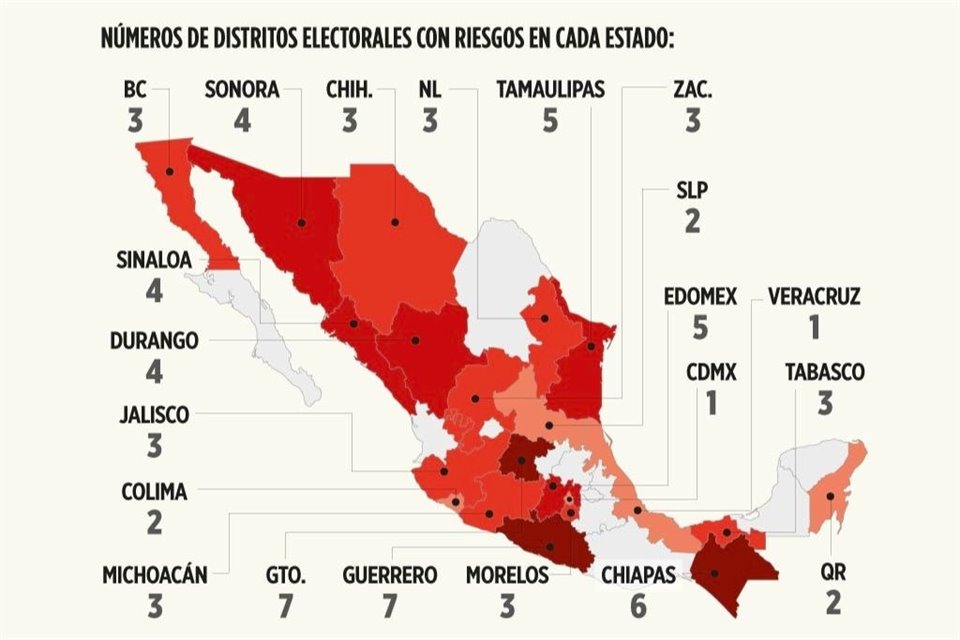 En el 25% del territorio electoral de México existe algún riesgo de que la violencia impacte el desarrollo de los comicios en curso.