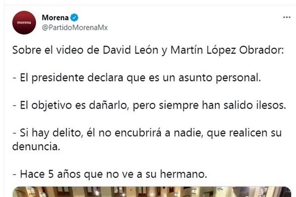 Morena abordó en Twitter el argumento de AMLO sobre el video que involucra a Martín López Obrador.