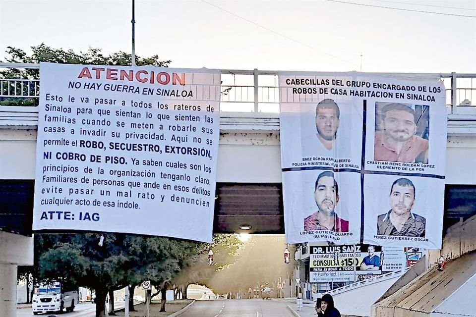 Varias mantas fueron colocadas en diversos puntos de Culiacán, Sinaloa, tras el plagio de 66 personas.