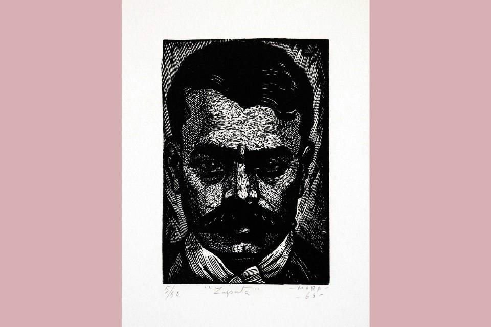 Los grabados de Francisco Mora recogen su interés en la historia política de México con una serie dedicada a los héroes de la Reforma y la Revolución, como 'Zapata, 1960'.