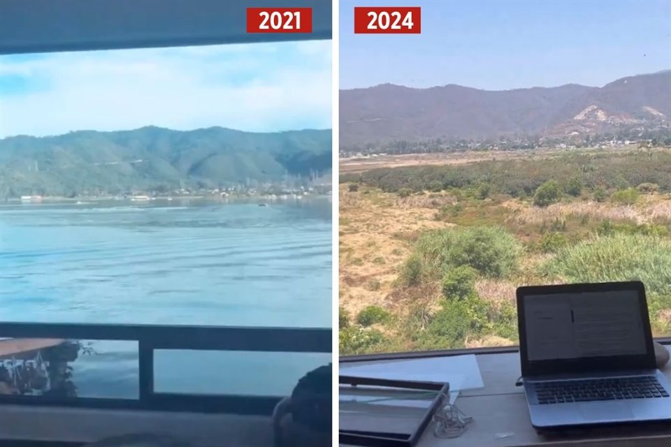 La usuaria @unna_chilanga posteó ayer fotos de cómo el caudal de la presa de Valle de Bravo ha desaparecido en sólo tres años.