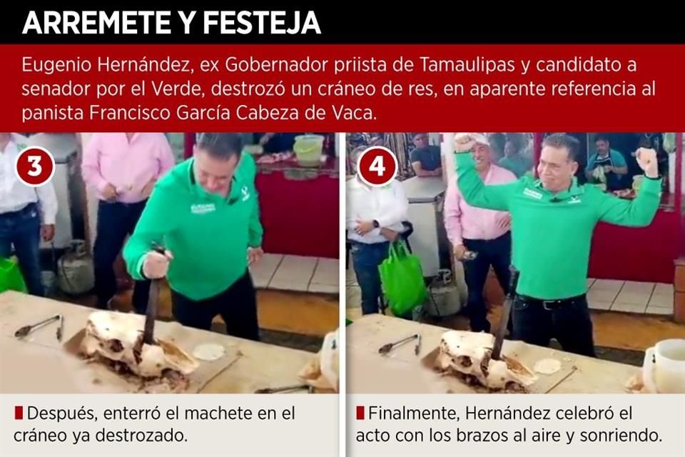 Ex priista Eugenio Hernández, candidato a senador por PVEM-Morena, dio machetazos a una cabeza de vaca en alusión al ex Gobernador panista.