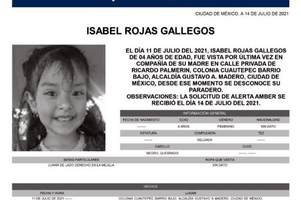 Isabel Rojas, de 4 años, fue reportada como desaparecida el 11 de julio.