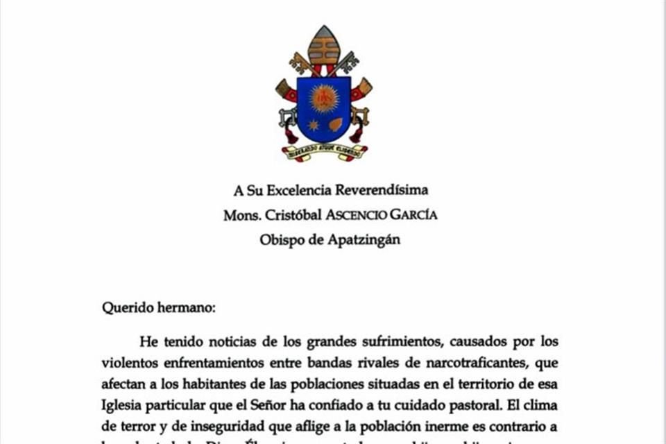 Carta que el Papa envió al Obispo de Apatzingán, Cristóbal Ascencio García, y que fue hecha pública esta semana.