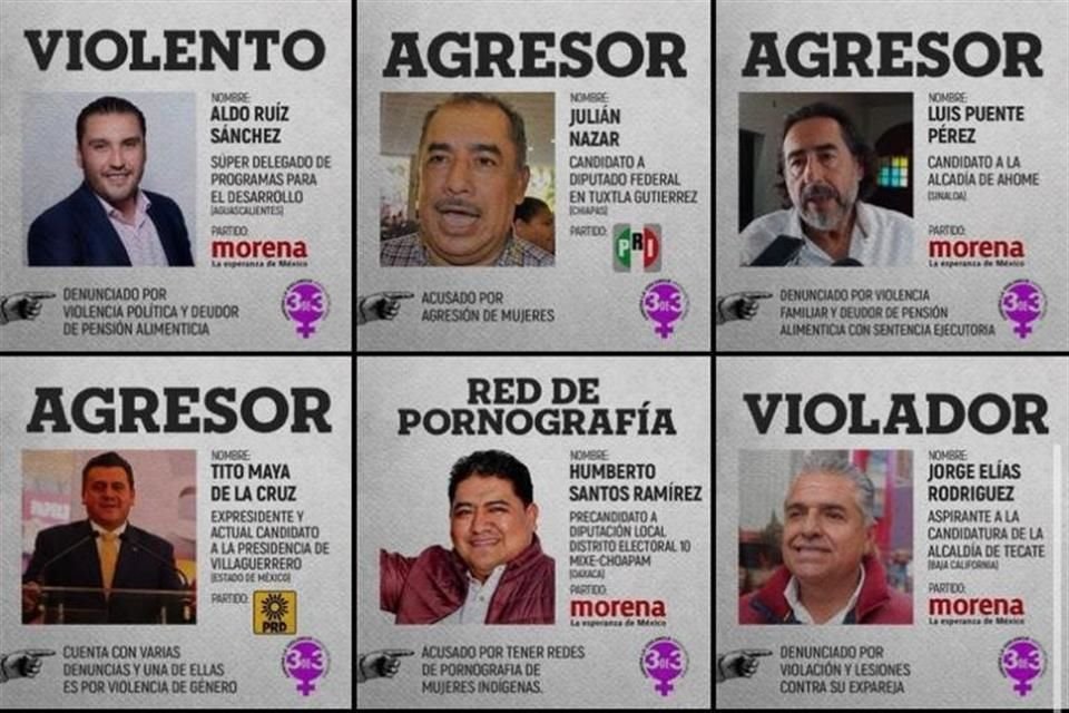 En sus cuentas de redes sociales, el colectivo difundió imágenes con los rostros, nombres, partido al que pertenecen y acusación de cada uno de los señalados.
