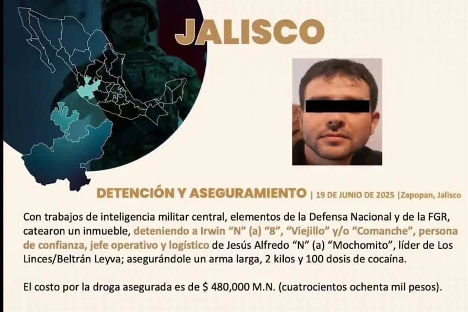 'El 8' es presunto integrante del Cártel de los Beltrán Leyva; fue detenido la semana pasada en Zapopan.