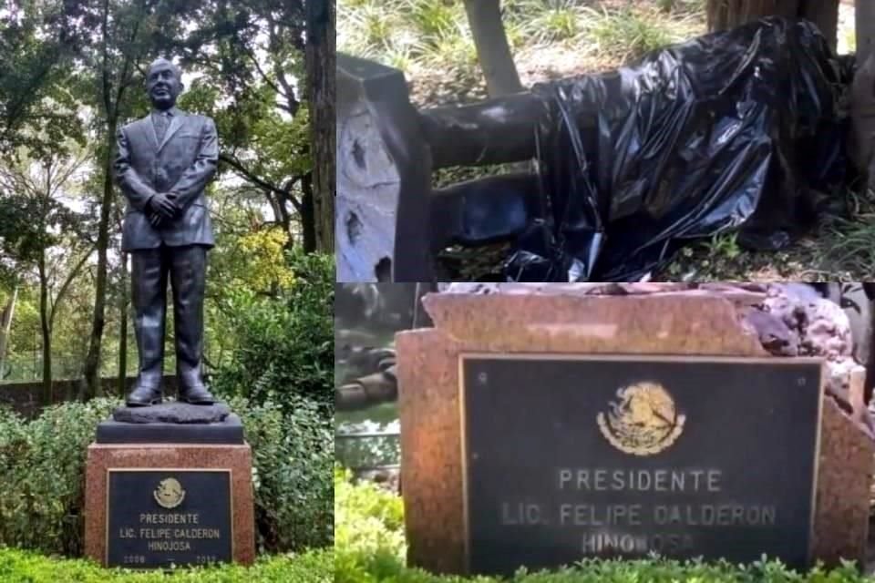La estatua permanece tirada en el lugar, donde fue tapada con plástico negro