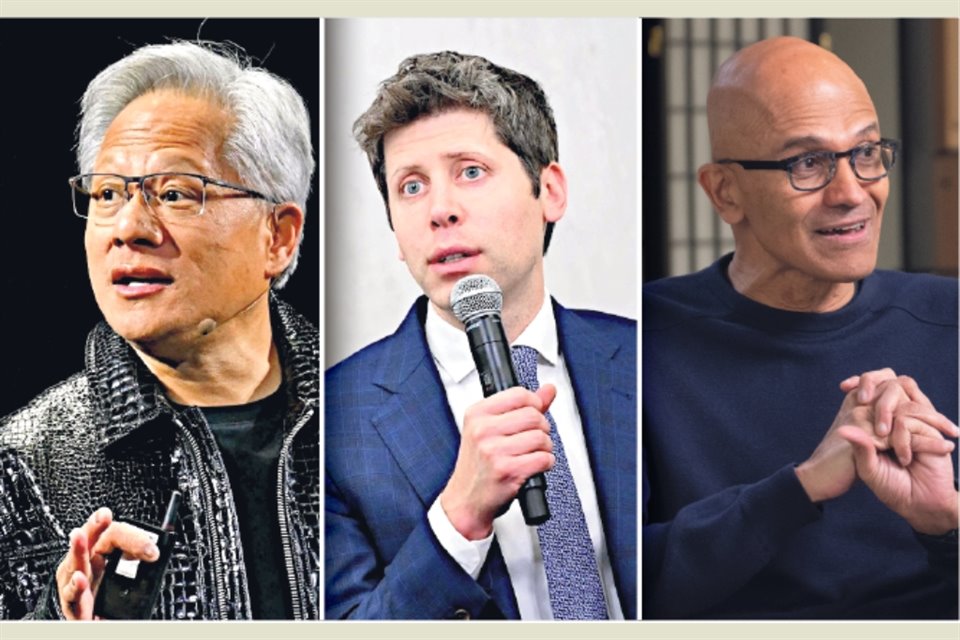 Jensesn Huang (de izq. a der.), CEO de Nvidia; Sam Altman, CEO de OpenAI, y Satya Nadella, CEO de Microsoft.